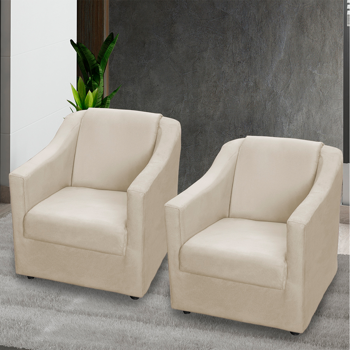 Kit 2 Poltronas Decorativa Para Sala Recepção Manicure Consultório Suede Bege Pés de Plástico Cromado