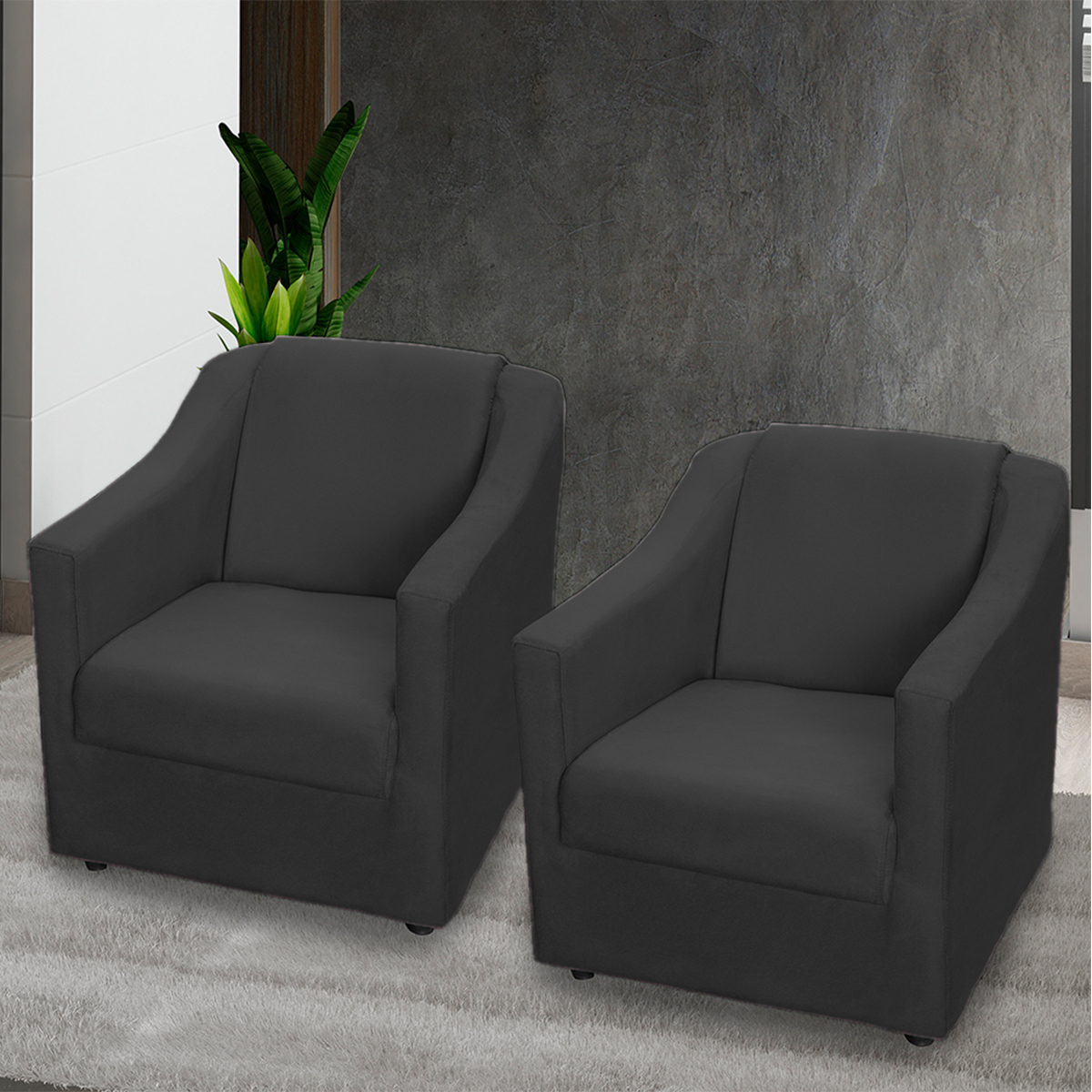 Kit 2 Poltronas Decorativa Para Sala Recepção Manicure Consultório Suede Preto Pés de Plástico Cromado