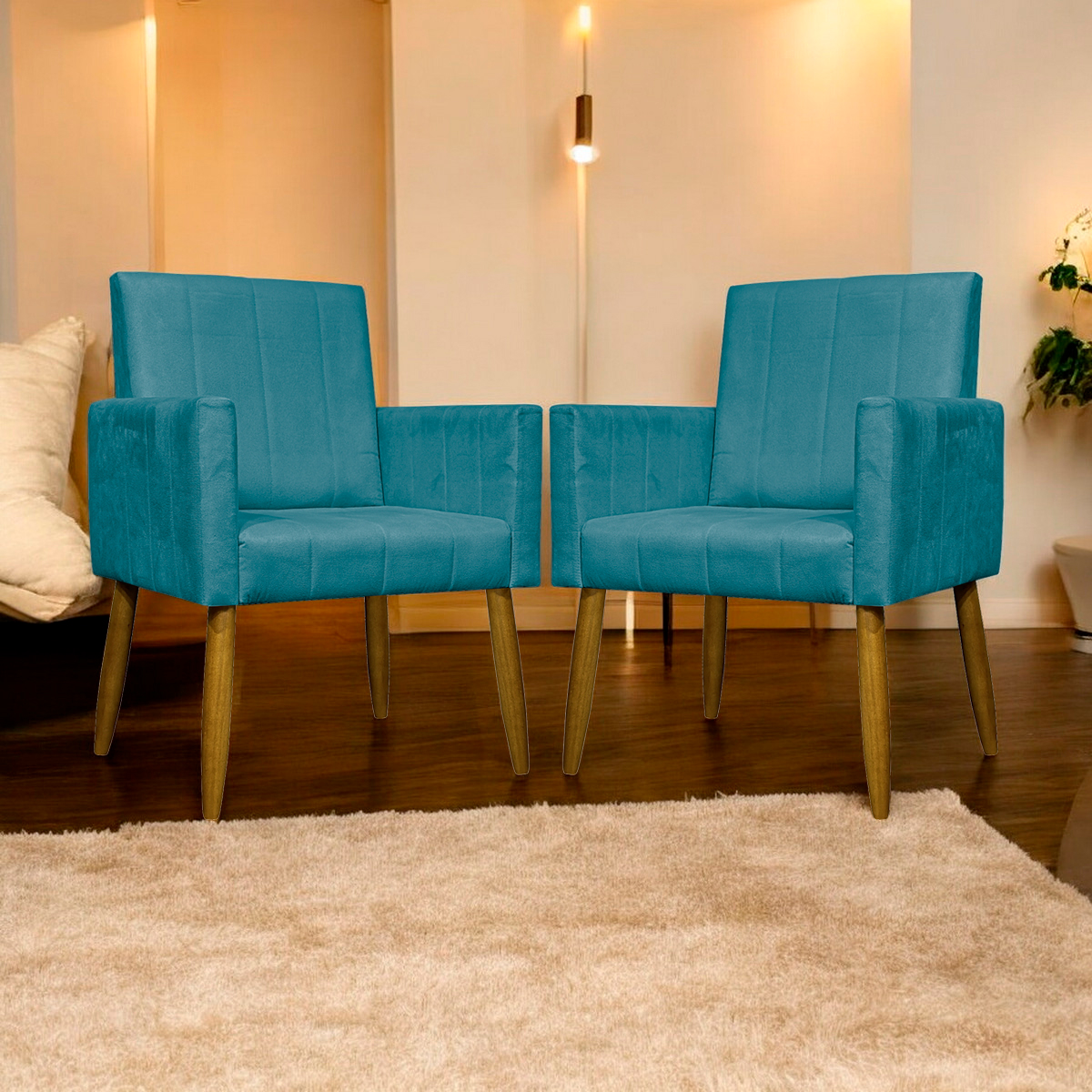 Kit 2 Poltronas Decorativa Para Sala Recepção Manicure Escritório Cadeira Mari Suede Azul Turquesa