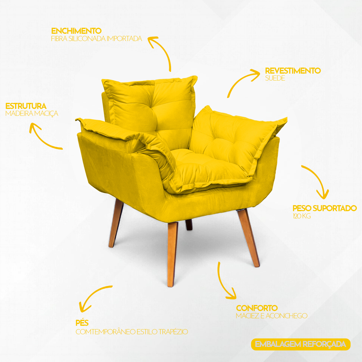 Kit 2 Poltronas Decorativa Para Sala Recepção Manicure e 2 Puffs Para Quarto Penteadeira Alice Suede Amarelo