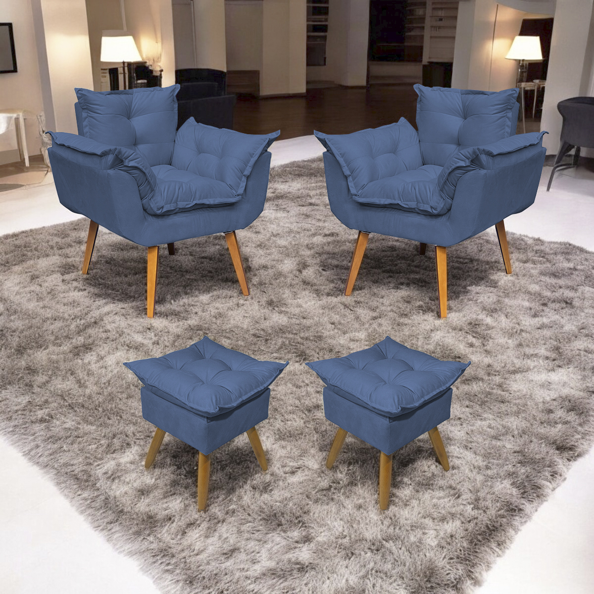 Kit 2 Poltronas Decorativa Para Sala Recepção Manicure e 2 Puffs Para Quarto Penteadeira Alice Suede Azul Marinho