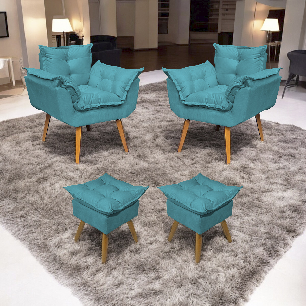 Kit 2 Poltronas Decorativa Para Sala Recepção Manicure e 2 Puffs Para Quarto Penteadeira Alice Suede Azul Turquesa