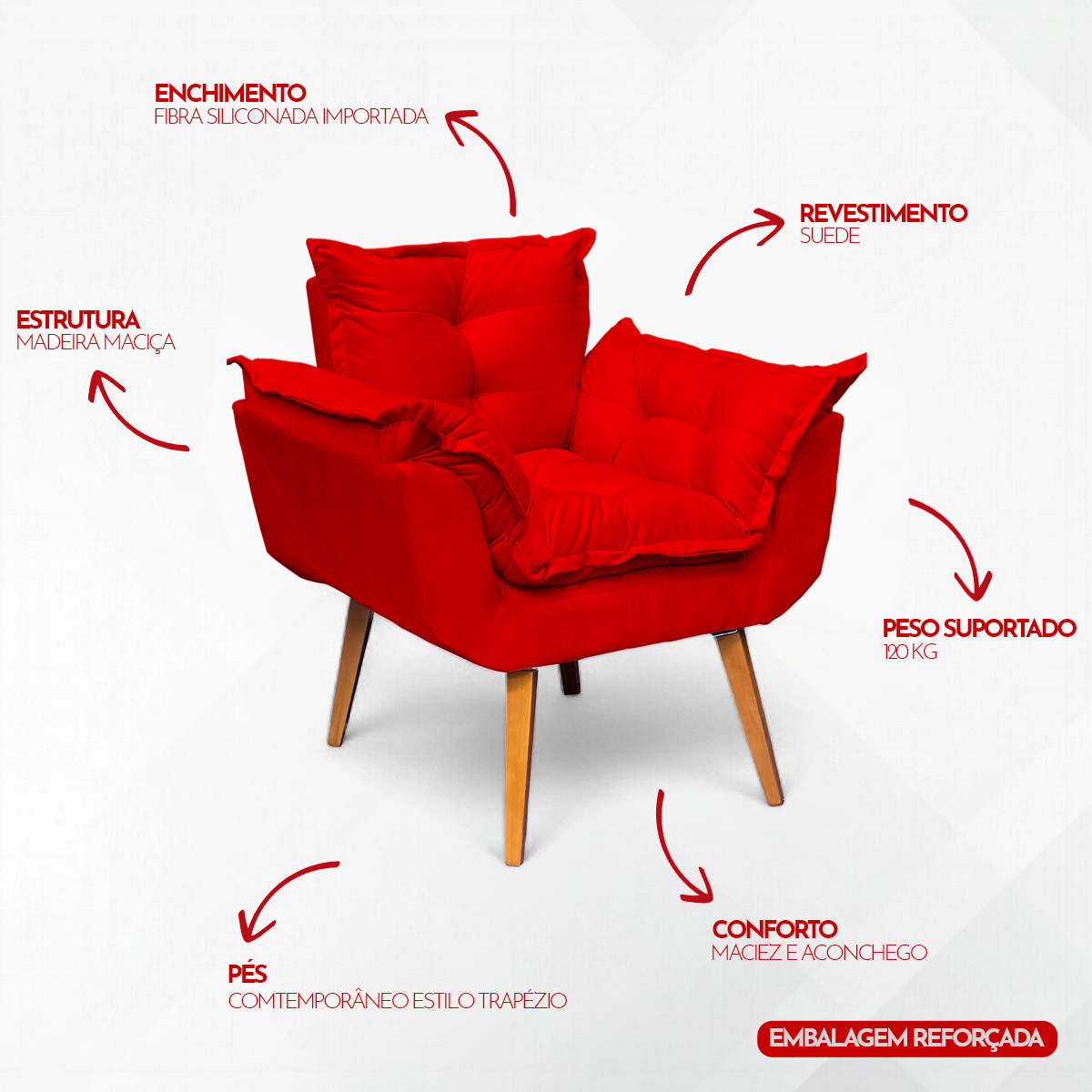 Kit 2 Poltronas Decorativa Para Sala Recepção Manicure e 2 Puffs Para Quarto Penteadeira Alice Suede Vermelho