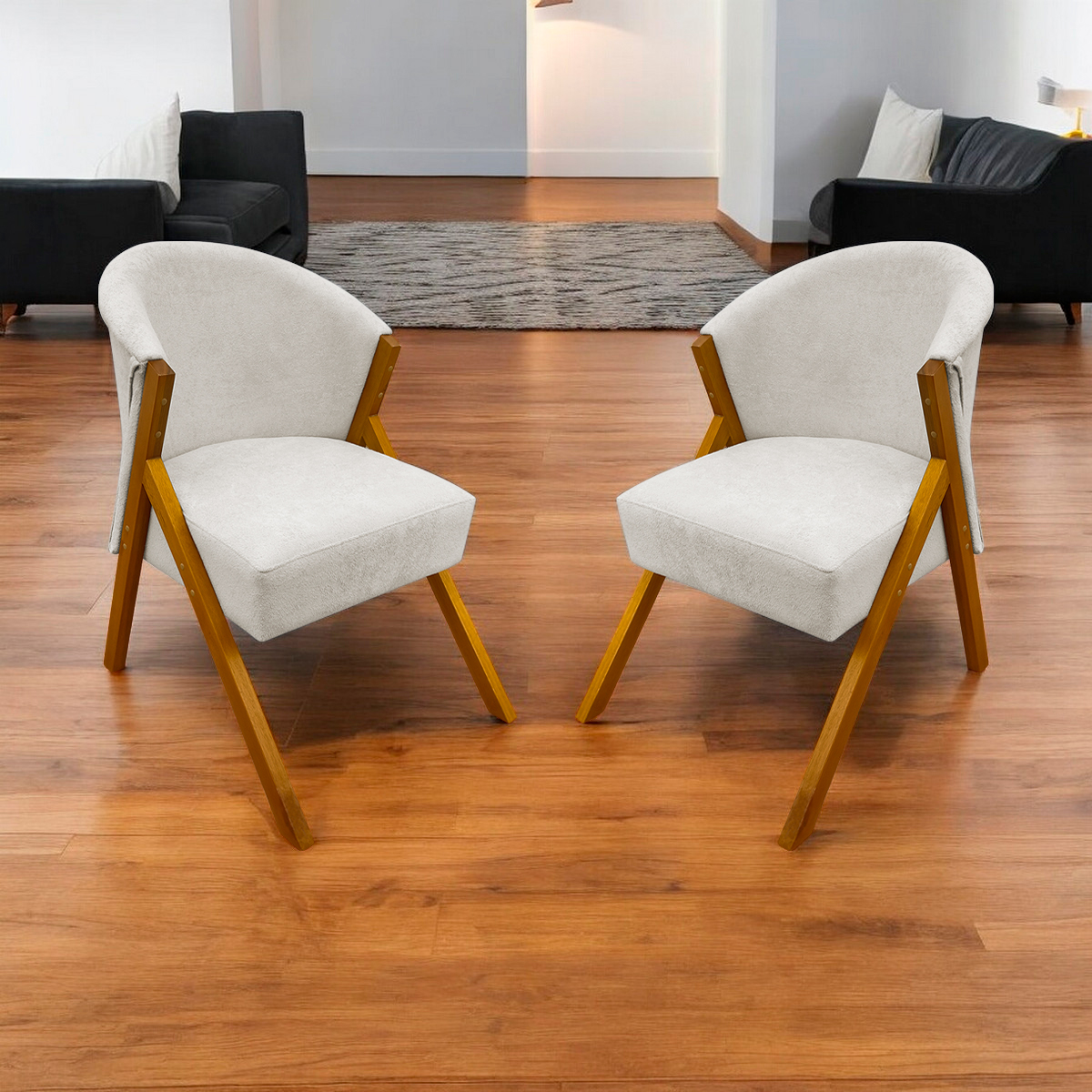 Kit 2 Poltronas Decorativa Para Sala Recepção You Bouclé Premium Bege Braça Amadeirada