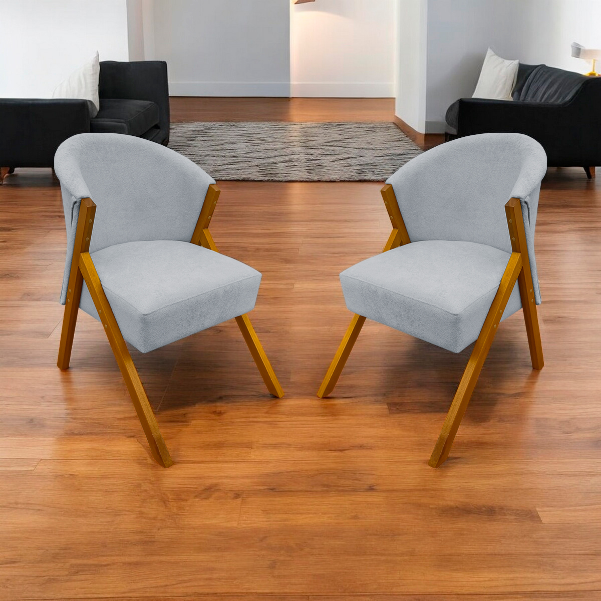 Kit 2 Poltronas Decorativa Para Sala Recepção You Bouclé Premium Cinza Braça Amadeirada