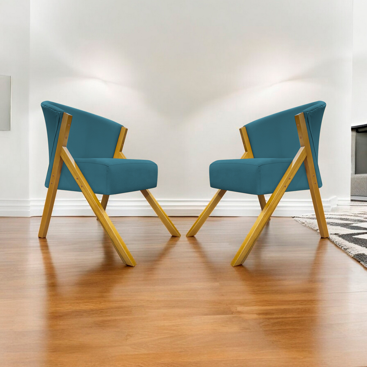 Kit 2 Poltronas Decorativa Para Sala Recepção You Suede Azul Marinho Braça Amadeirada