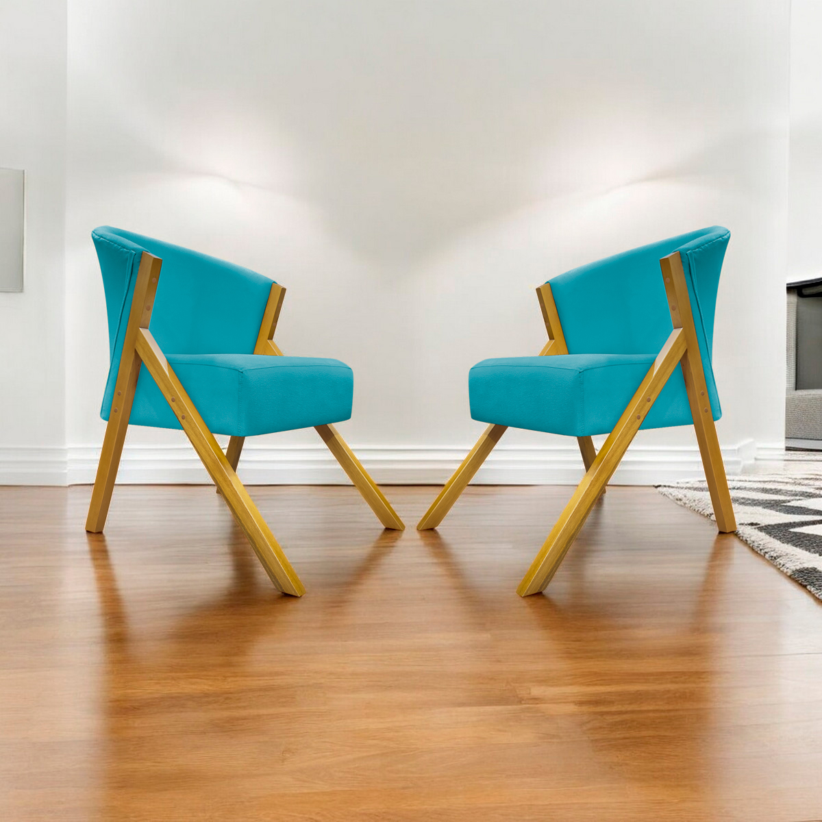 Kit 2 Poltronas Decorativa Para Sala Recepção You Suede Azul Turquesa Braça Amadeirada
