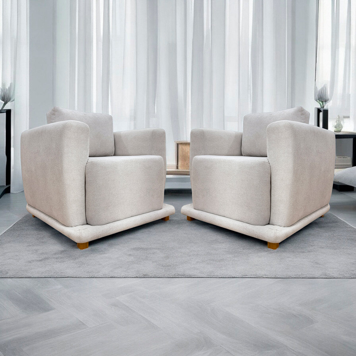 Kit 2 Poltronas Decorativas Bridge Para Sala Luxo Confortável Reforçadas Bouclé Bege Premium