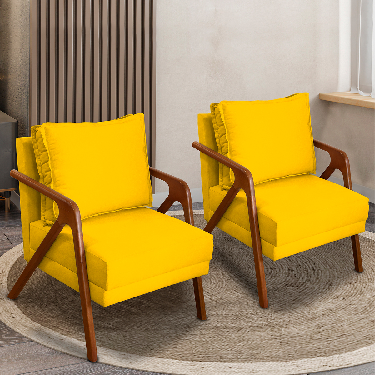 Kit 2 Poltronas Decorativas Confortáveis Para Sala Shine Suede Amarelo Pé Castanho - Clique E Decore
