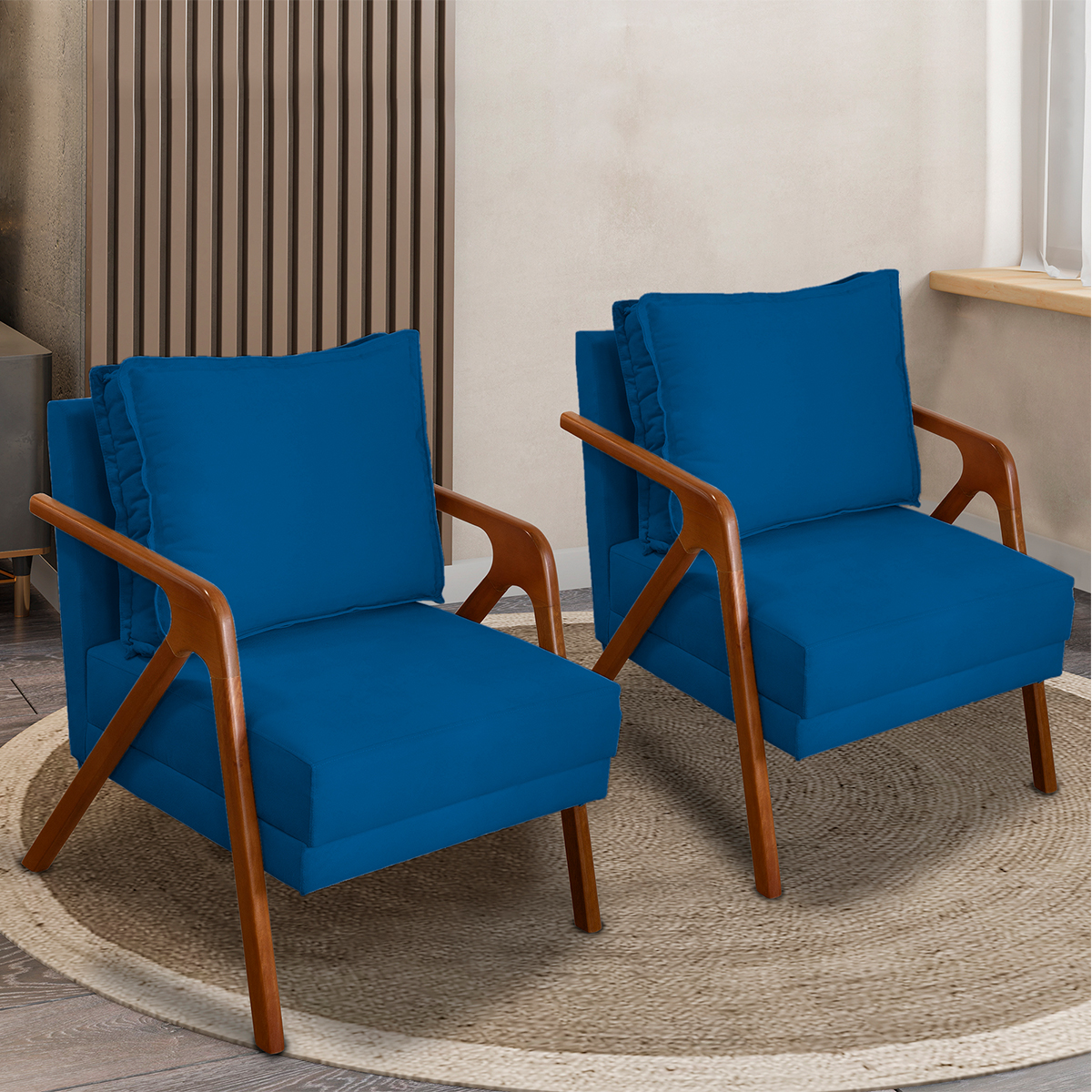 Kit 2 Poltronas Decorativas Confortáveis Para Sala Shine Suede Azul Marinho Pé Castanho - Clique E Decore