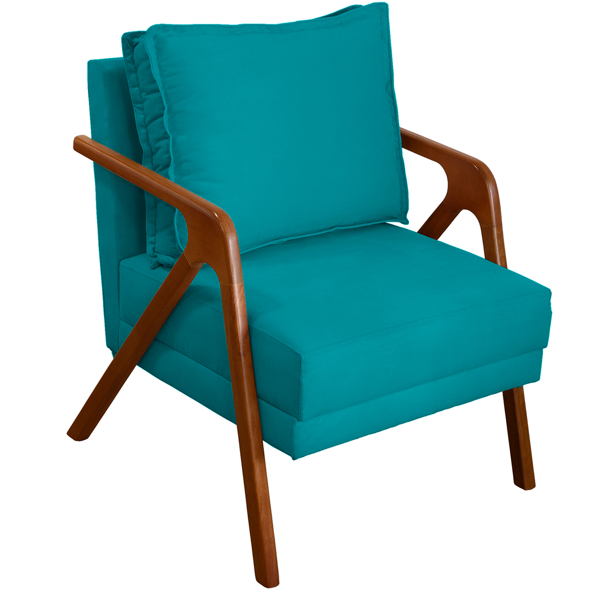 Kit 2 Poltronas Decorativas Confortáveis Para Sala Shine Suede Azul Turquesa Pé Castanho - Clique E Decore