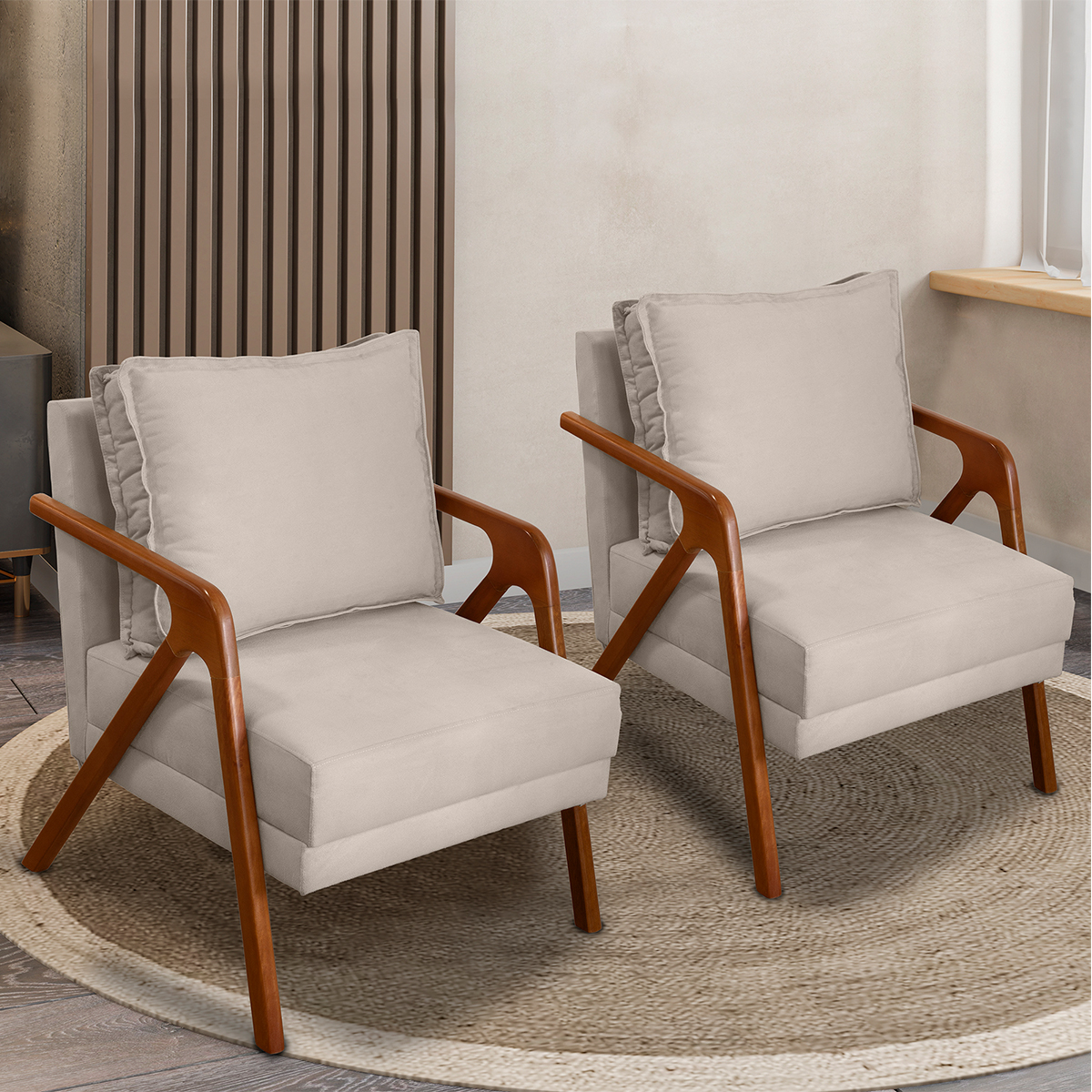 Kit 2 Poltronas Decorativas Confortáveis Para Sala Shine Suede Bege Pé Castanho - Clique E Decore