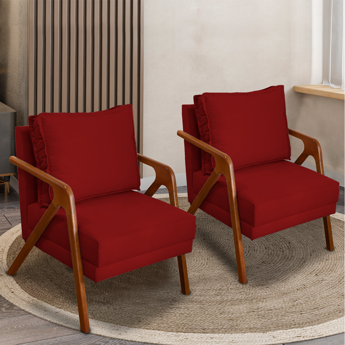 Kit 2 Poltronas Decorativas Confortáveis Para Sala Shine Suede Bordô Pé Castanho - Clique E Decore