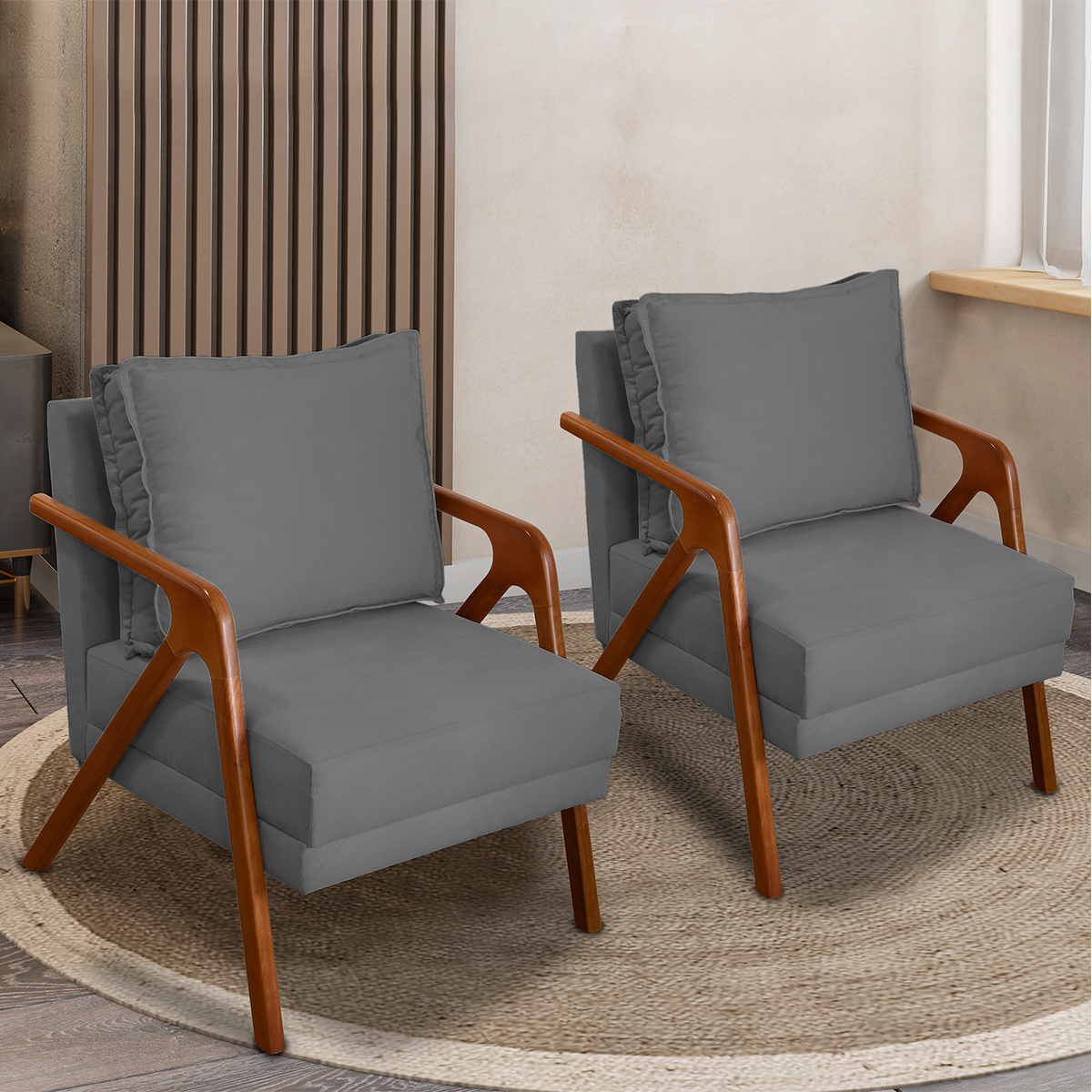 Kit 2 Poltronas Decorativas Confortáveis Para Sala Shine Suede Cinza Pé Castanho - Clique E Decore