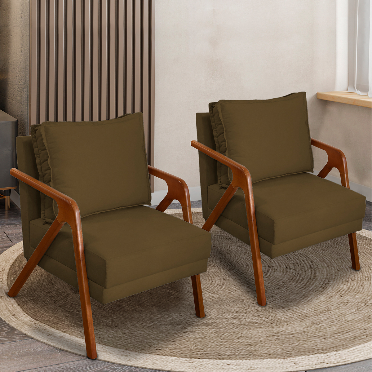Kit 2 Poltronas Decorativas Confortáveis Para Sala Shine Suede Marrom Pé Castanho - Clique E Decore