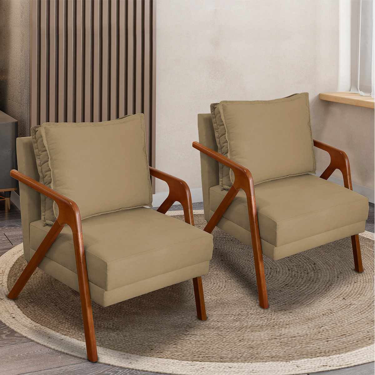 Kit 2 Poltronas Decorativas Confortáveis Para Sala Shine Suede Nude Pé Castanho - Clique E Decore