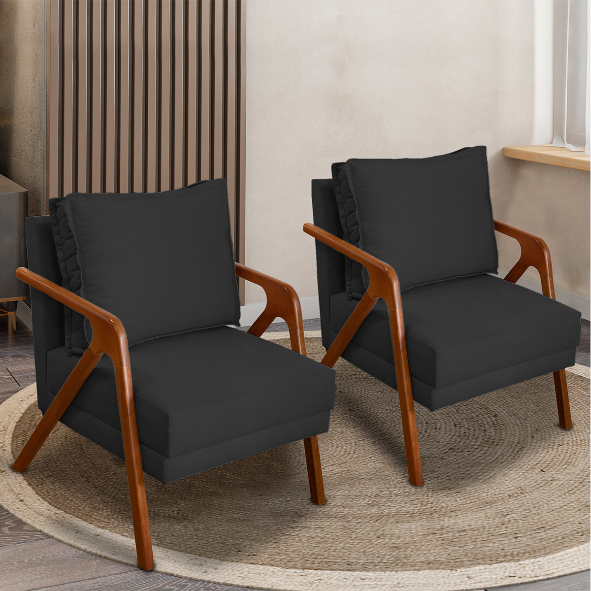 Kit 2 Poltronas Decorativas Confortáveis Para Sala Shine Suede Preto Pé Castanho - Clique E Decore