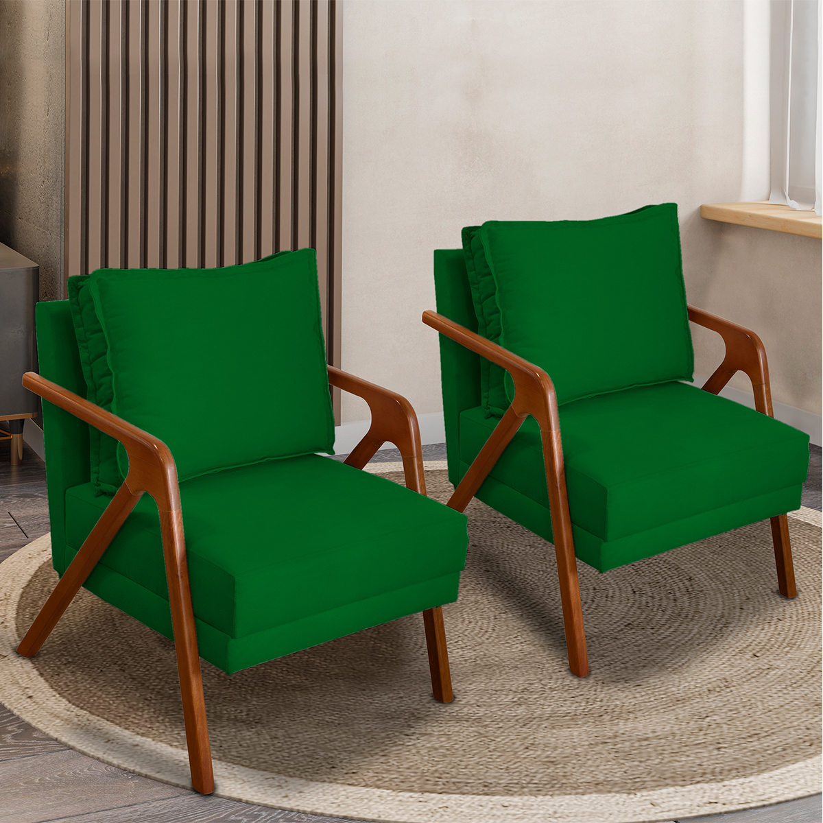 Kit 2 Poltronas Decorativas Confortáveis Para Sala Shine Suede Verde Pé Castanho - Clique E Decore