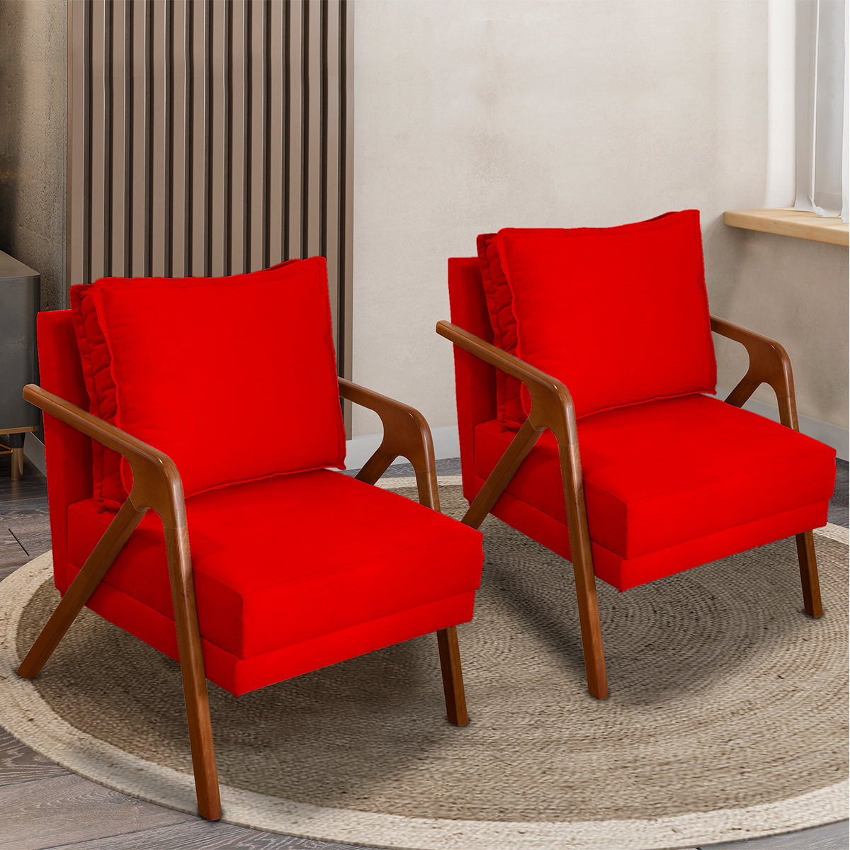 Kit 2 Poltronas Decorativas Confortáveis Para Sala Shine Suede Vermelho Pé Castanho - Clique E Decore