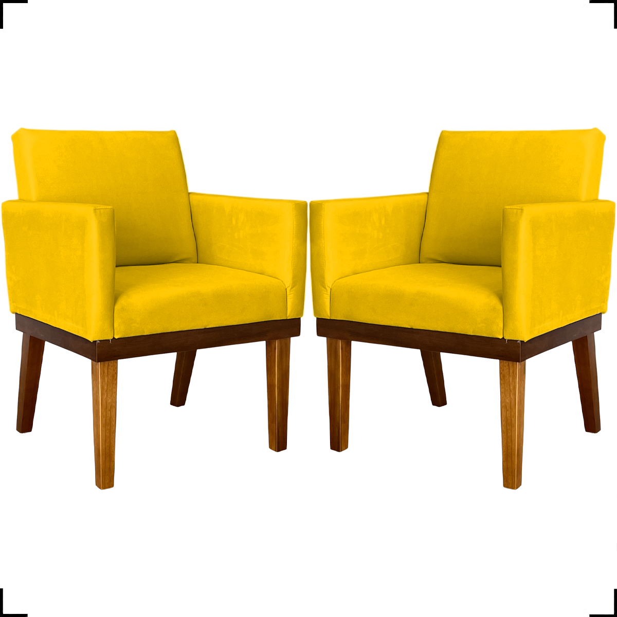 Kit 2 Poltronas Decorativas Divine Base Reforçada De Madeira Suede Amarelo - Clique E Decore