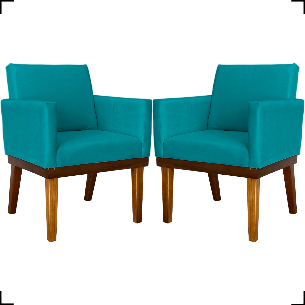 Kit 2 Poltronas Decorativas Divine Base Reforçada De Madeira Suede Azul Turquesa - Clique E Decore