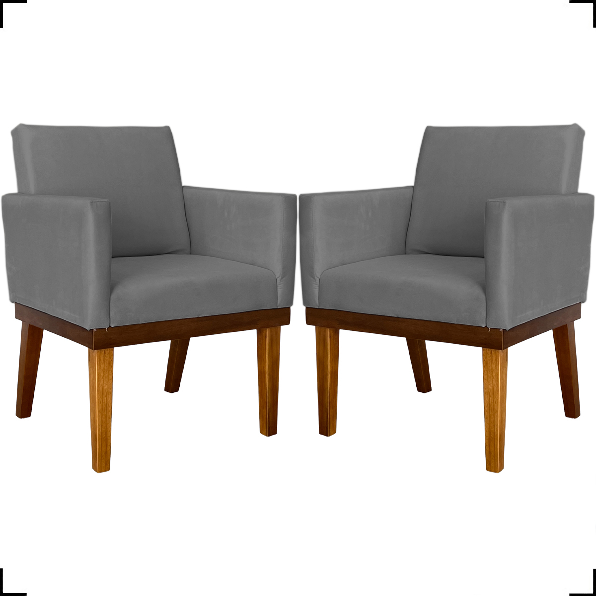 Kit 2 Poltronas Decorativas Divine Base Reforçada De Madeira Suede Cinza - Clique E Decore