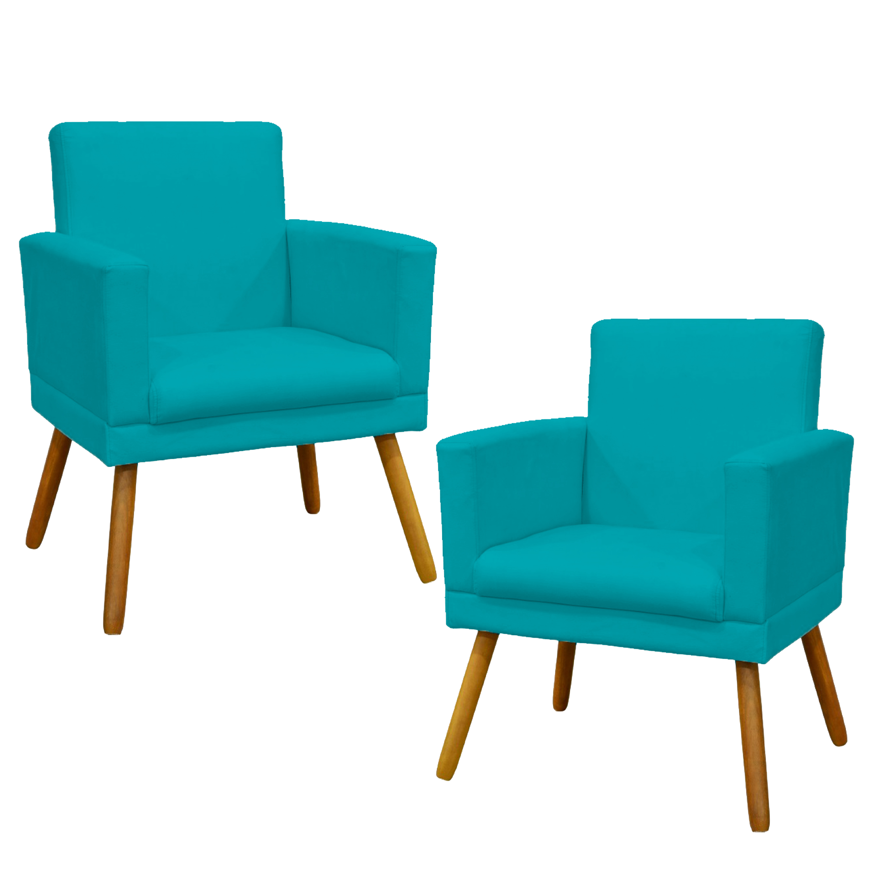 Kit 2 Poltronas Decorativas E Confortáveis Nina Com Base Suede Azul Turquesa Pé Castanho - Clique E Decore