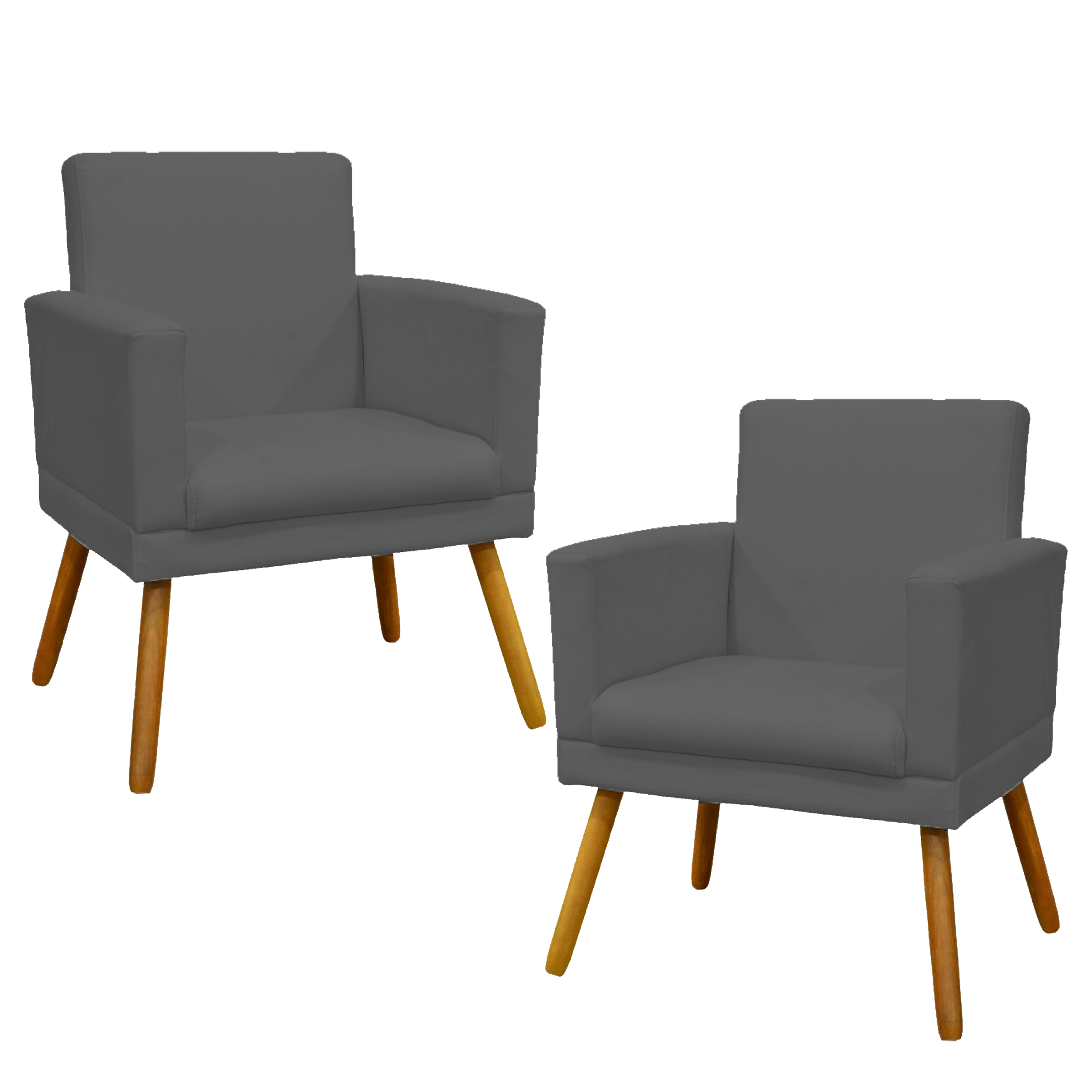 Kit 2 Poltronas Decorativas E Confortáveis Nina Com Base Suede Cinza Pé Castanho - Clique E Decore