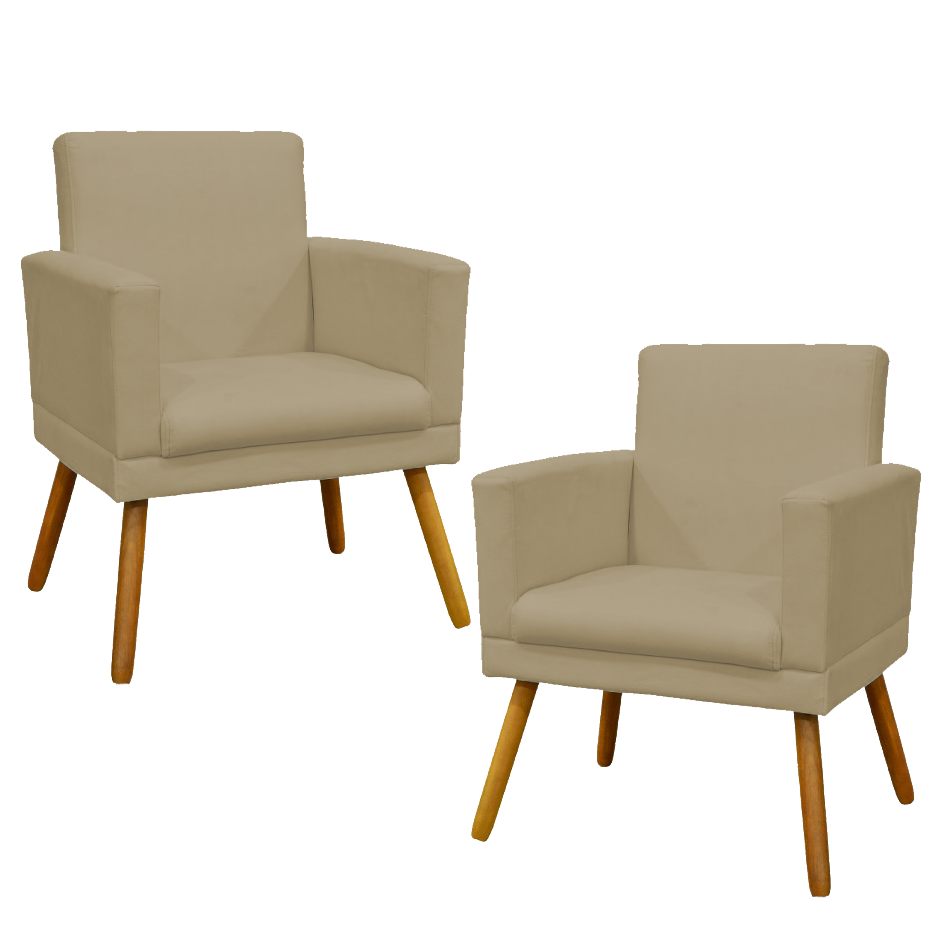 Kit 2 Poltronas Decorativas E Confortáveis Nina Com Base Suede Nude Pé Castanho - Clique E Decore