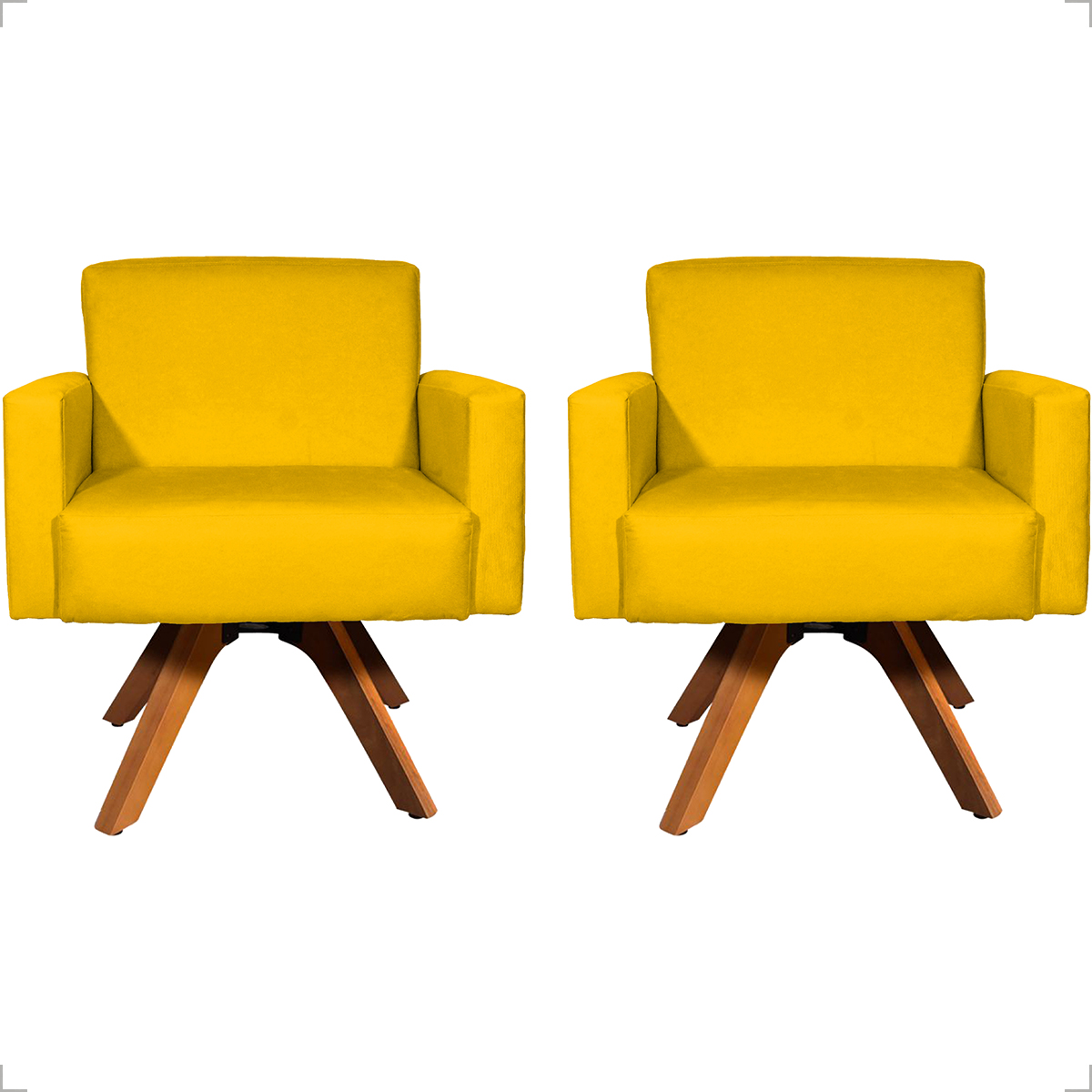 Kit 2 Poltronas Decorativas Hope Base Giratória Suede Amarelo Pé Castanho