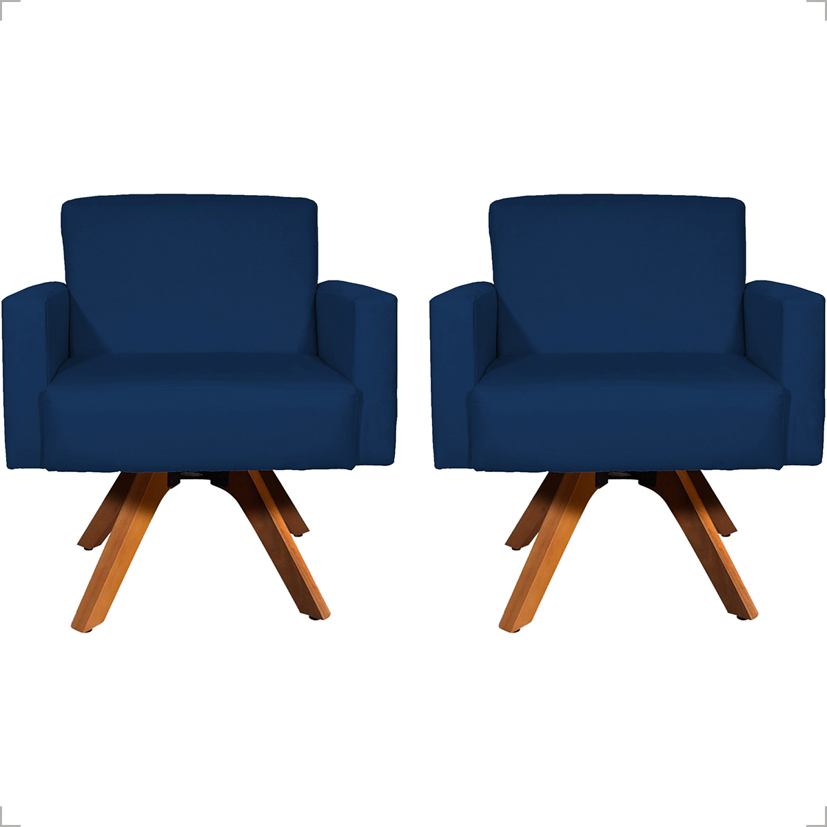 Kit 2 Poltronas Decorativas Hope Base Giratória Suede Azul Marinho Pé Castanho