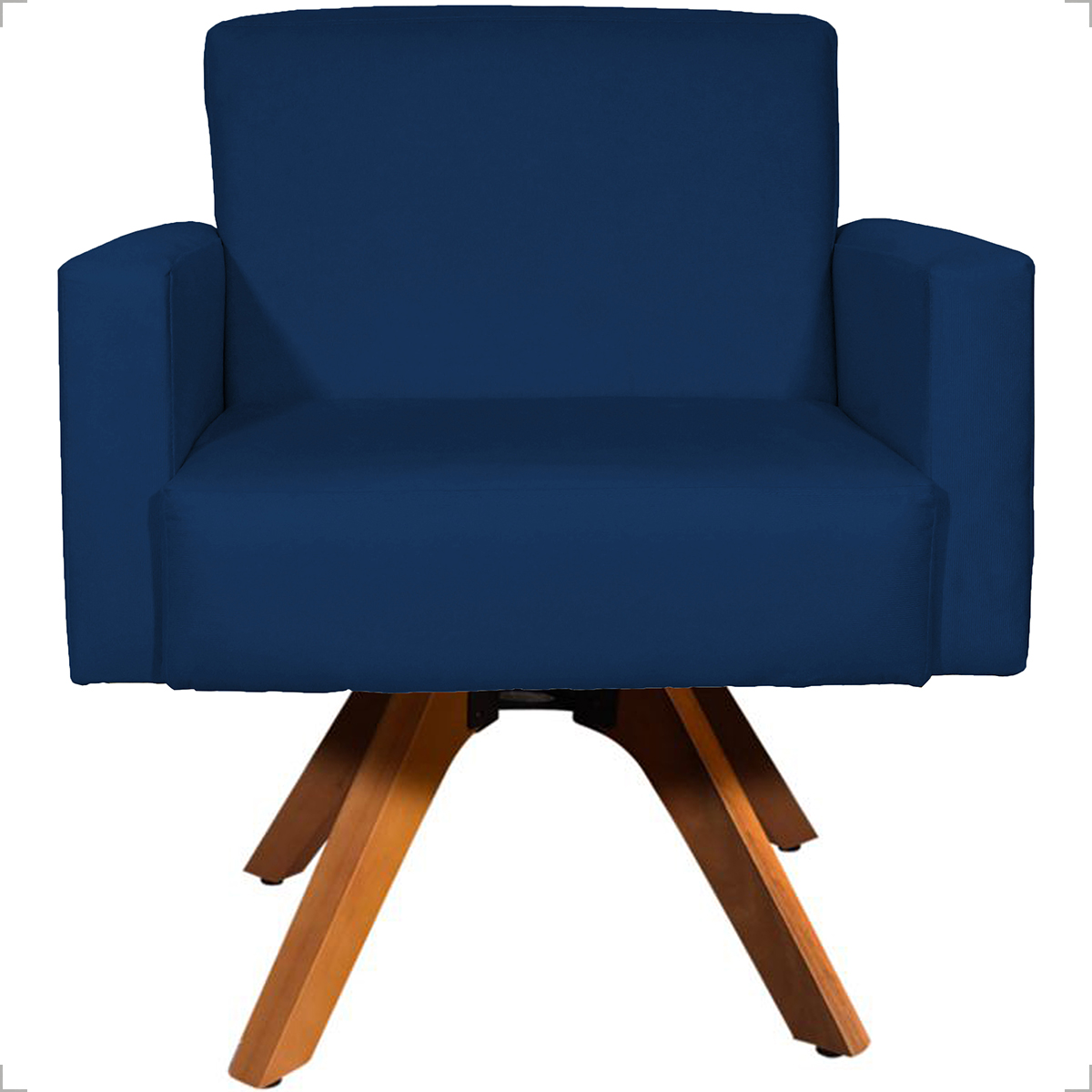 Kit 2 Poltronas Decorativas Hope Base Giratória Suede Azul Marinho Pé Castanho