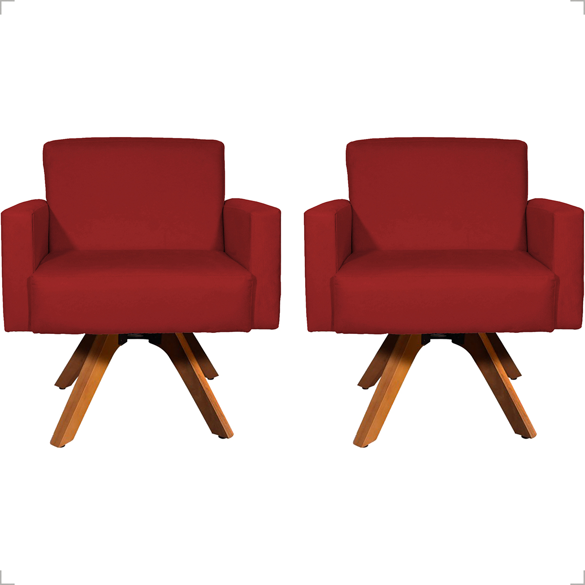Kit 2 Poltronas Decorativas Hope Base Giratória Suede Bordô Pé Castanho