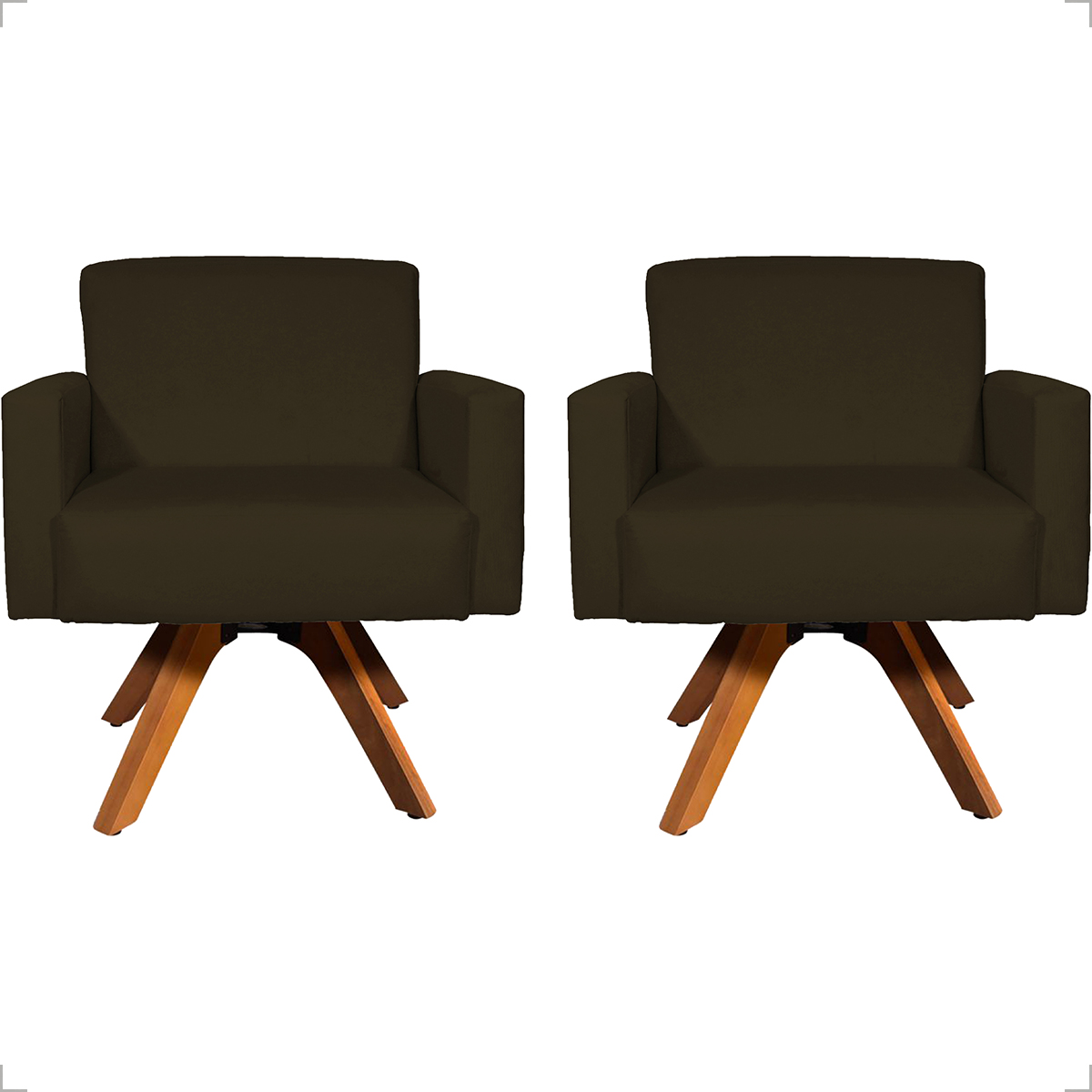 Kit 2 Poltronas Decorativas Hope Base Giratória Suede Marrom Pé Castanho