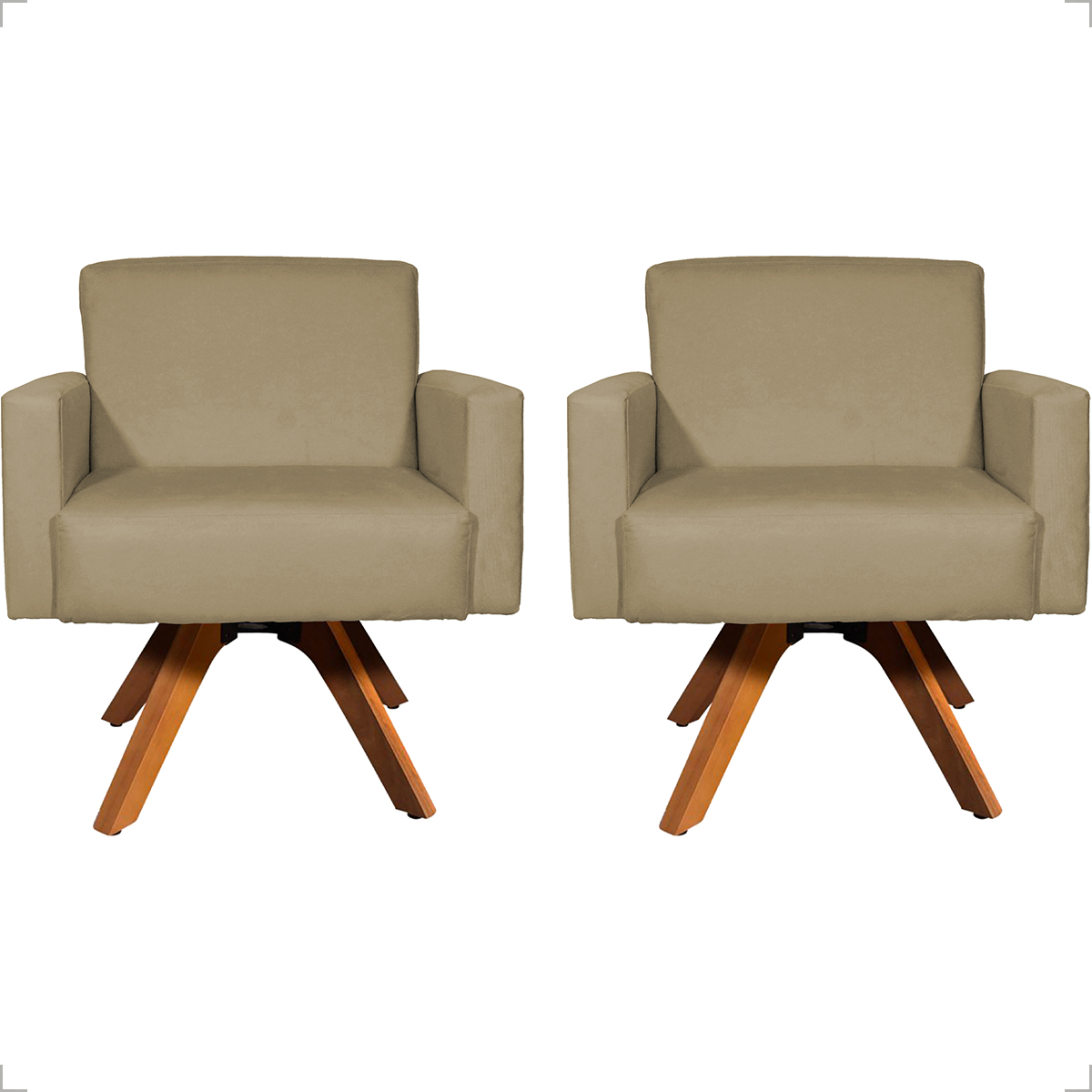 Kit 2 Poltronas Decorativas Hope Base Giratória Suede Nude Pé Castanho