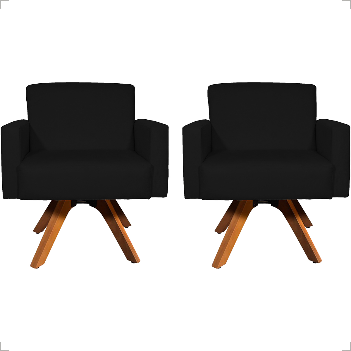 Kit 2 Poltronas Decorativas Hope Base Giratória Suede Preto Pé Castanho