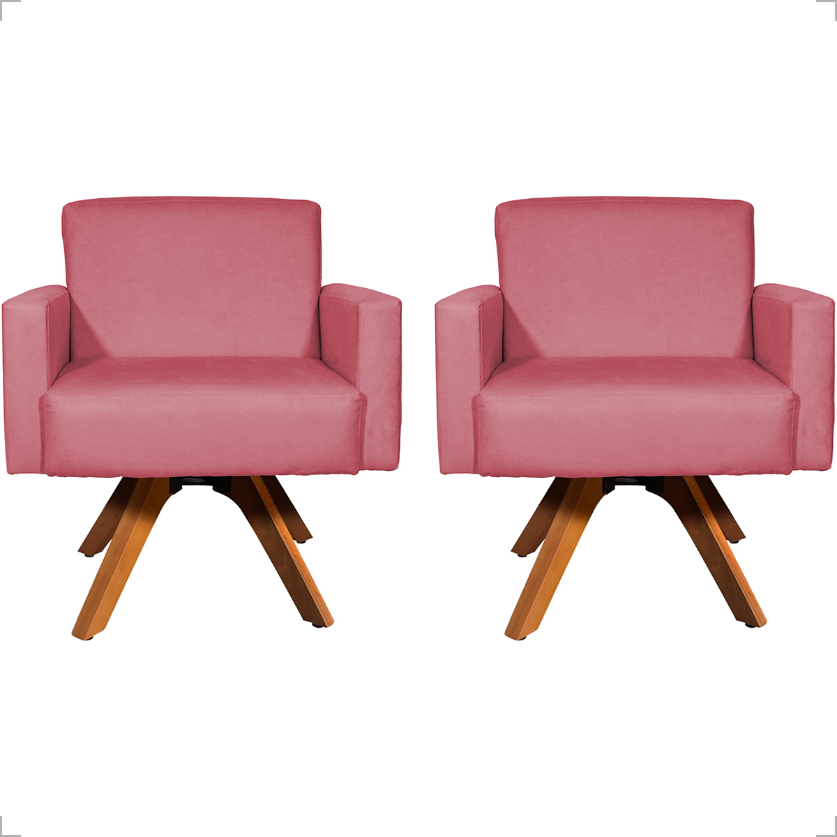 Kit 2 Poltronas Decorativas Hope Base Giratória Suede Rosê Pé Castanho
