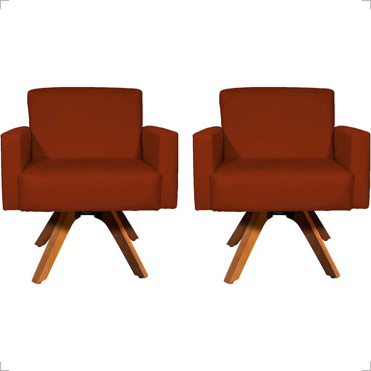 Kit 2 Poltronas Decorativas Hope Base Giratória Suede Terracota Pé Castanho
