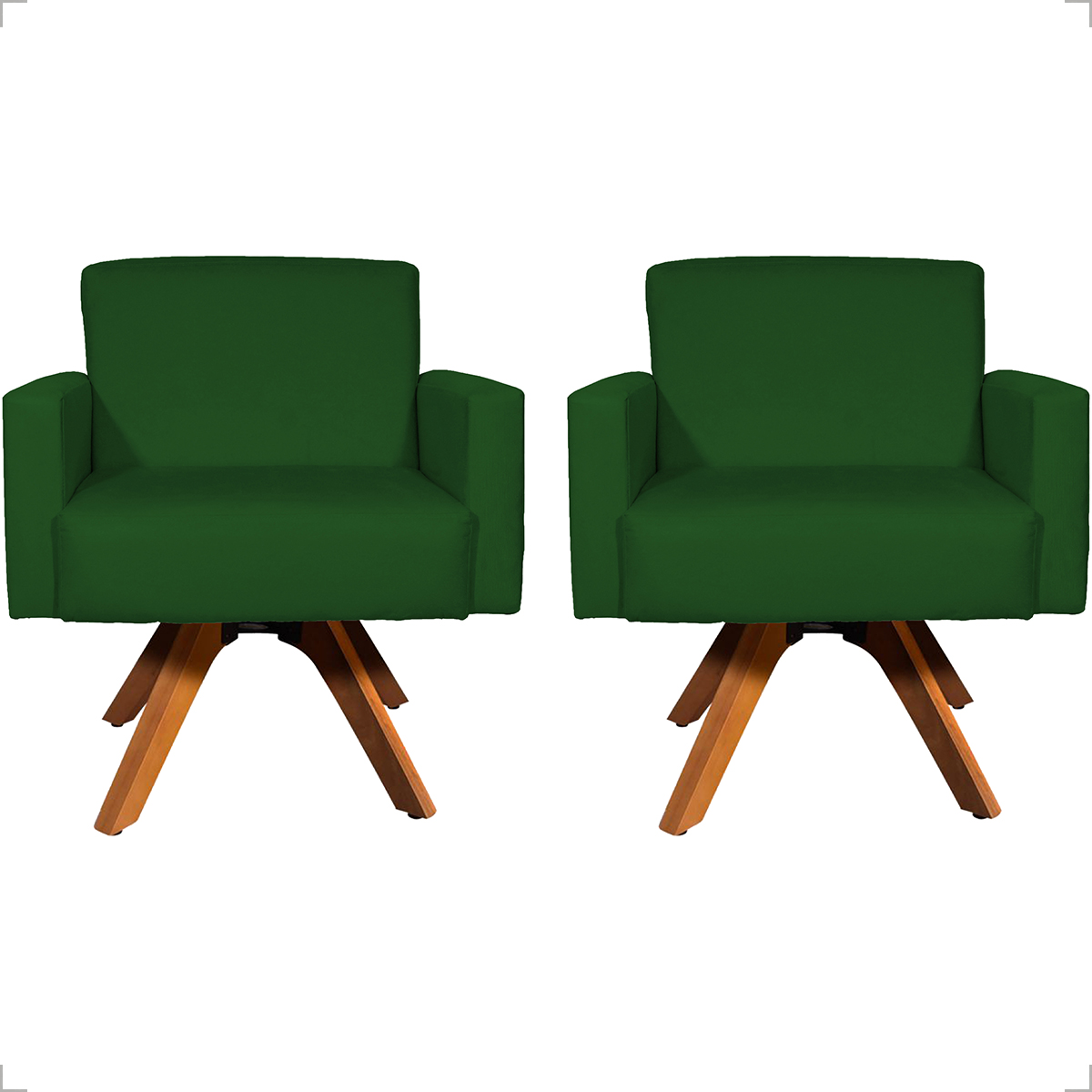 Kit 2 Poltronas Decorativas Hope Base Giratória Suede Verde Pé Castanho