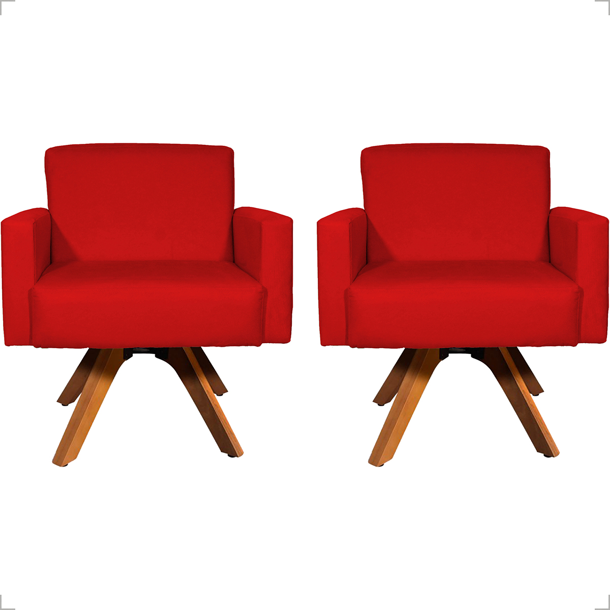 Kit 2 Poltronas Decorativas Hope Base Giratória Suede Vermelho Pé Castanho