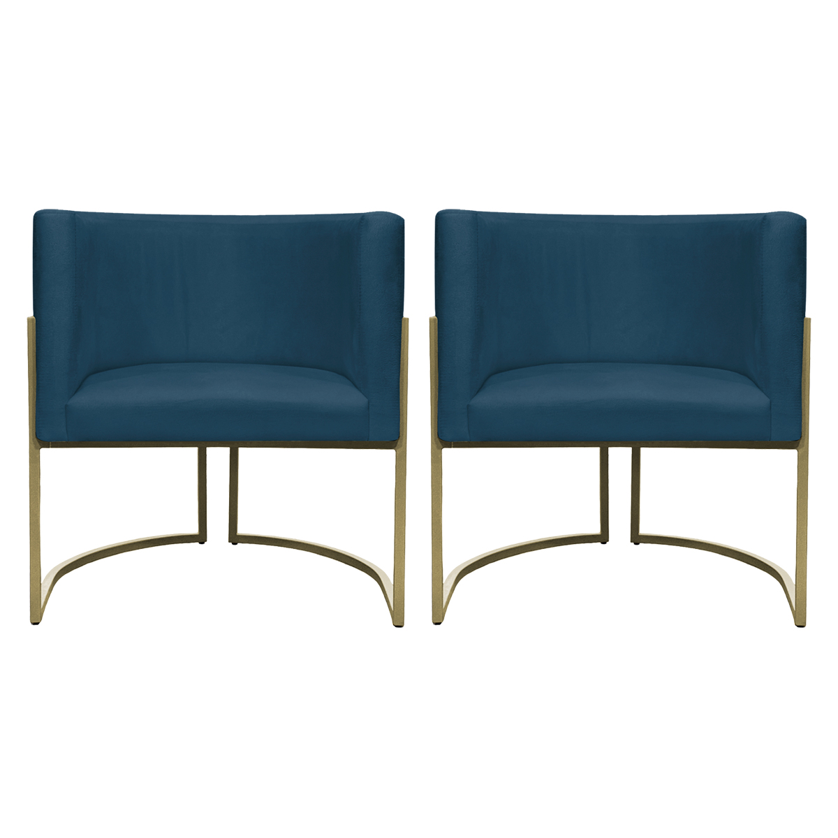 Kit 2 Poltronas Decorativas Luna Para Sala de Estar Escritório Recepção Suede Azul Marinho Base de Ferro Champagne
