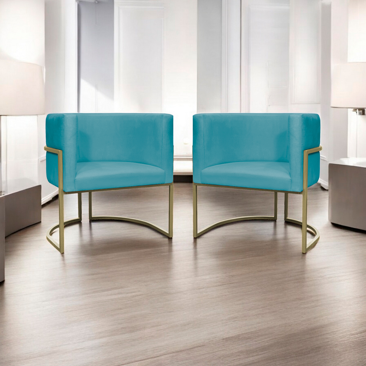 Kit 2 Poltronas Decorativas Luna Para Sala de Estar Escritório Recepção Suede Azul Turquesa Base de Ferro Champagne