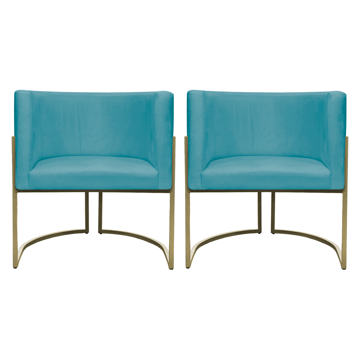 Kit 2 Poltronas Decorativas Luna Para Sala de Estar Escritório Recepção Suede Azul Turquesa Base de Ferro Champagne