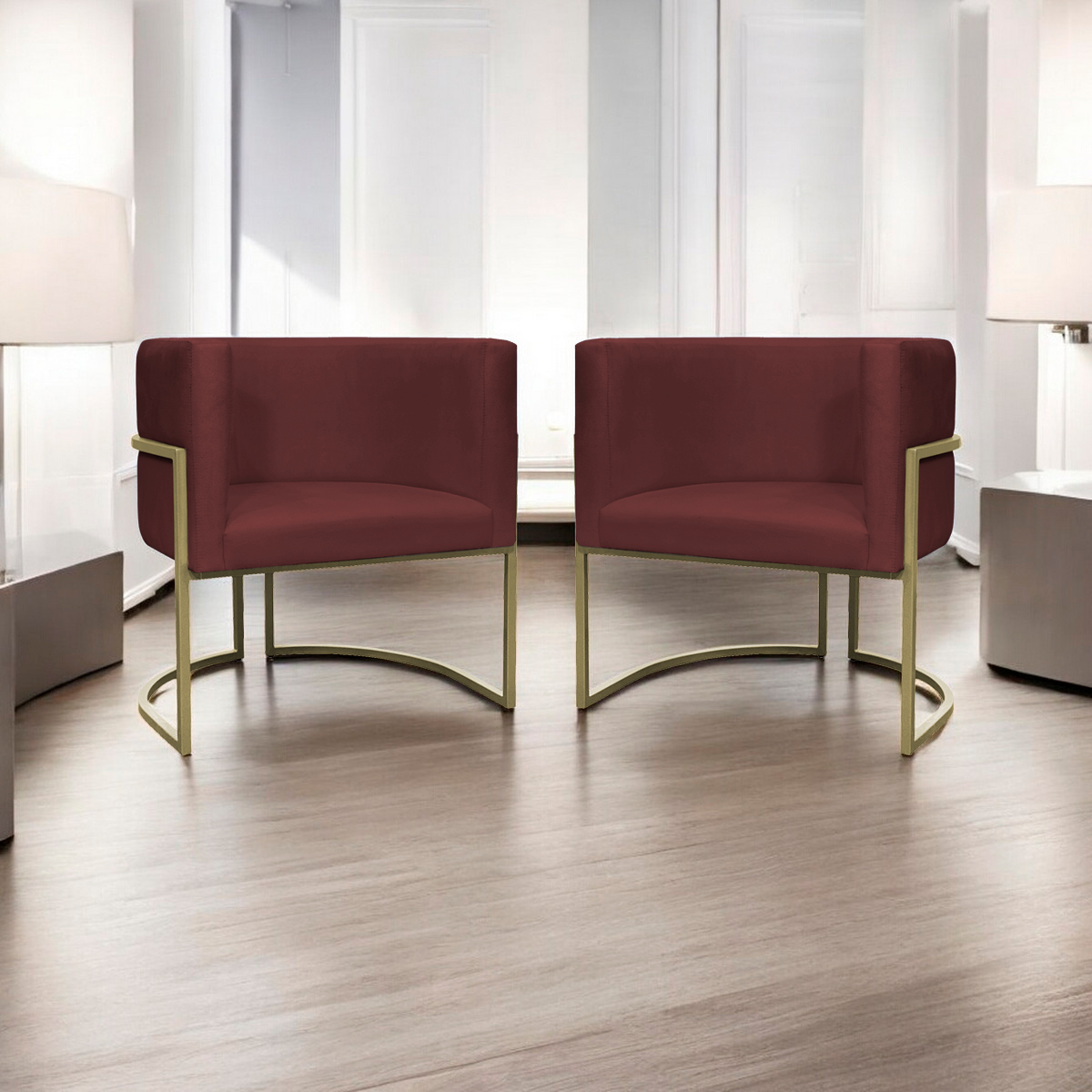 Kit 2 Poltronas Decorativas Luna Para Sala de Estar Escritório Recepção Suede Bordô Base de Ferro Champagne