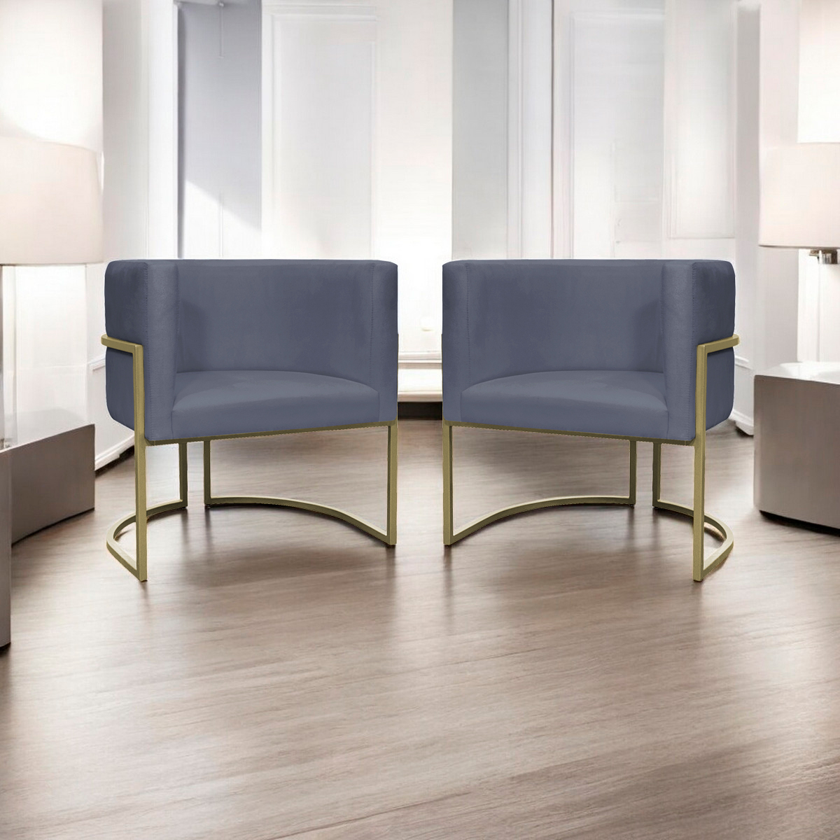 Kit 2 Poltronas Decorativas Luna Para Sala de Estar Escritório Recepção Suede Cinza Base de Ferro Champagne