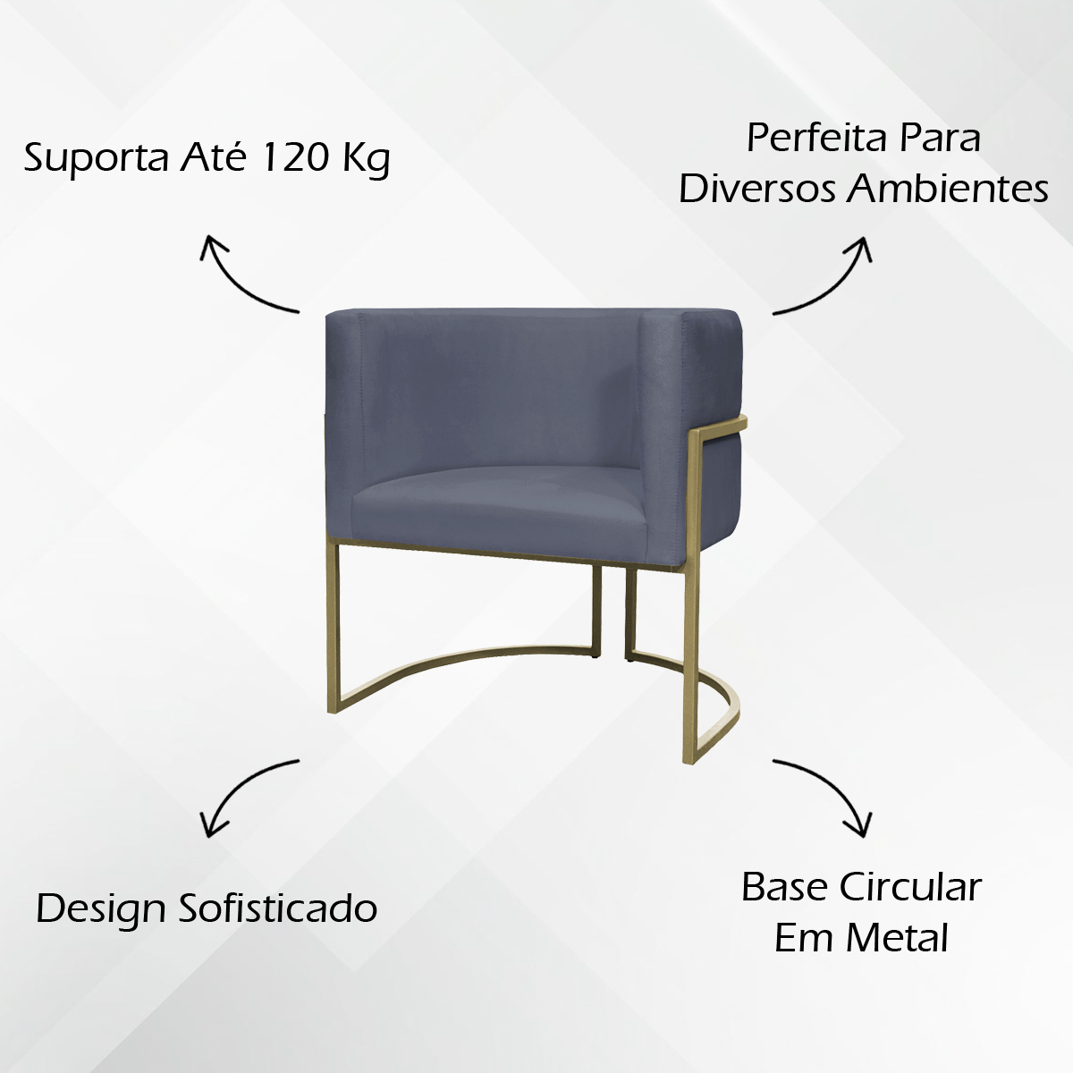 Kit 2 Poltronas Decorativas Luna Para Sala de Estar Escritório Recepção Suede Cinza Base de Ferro Champagne