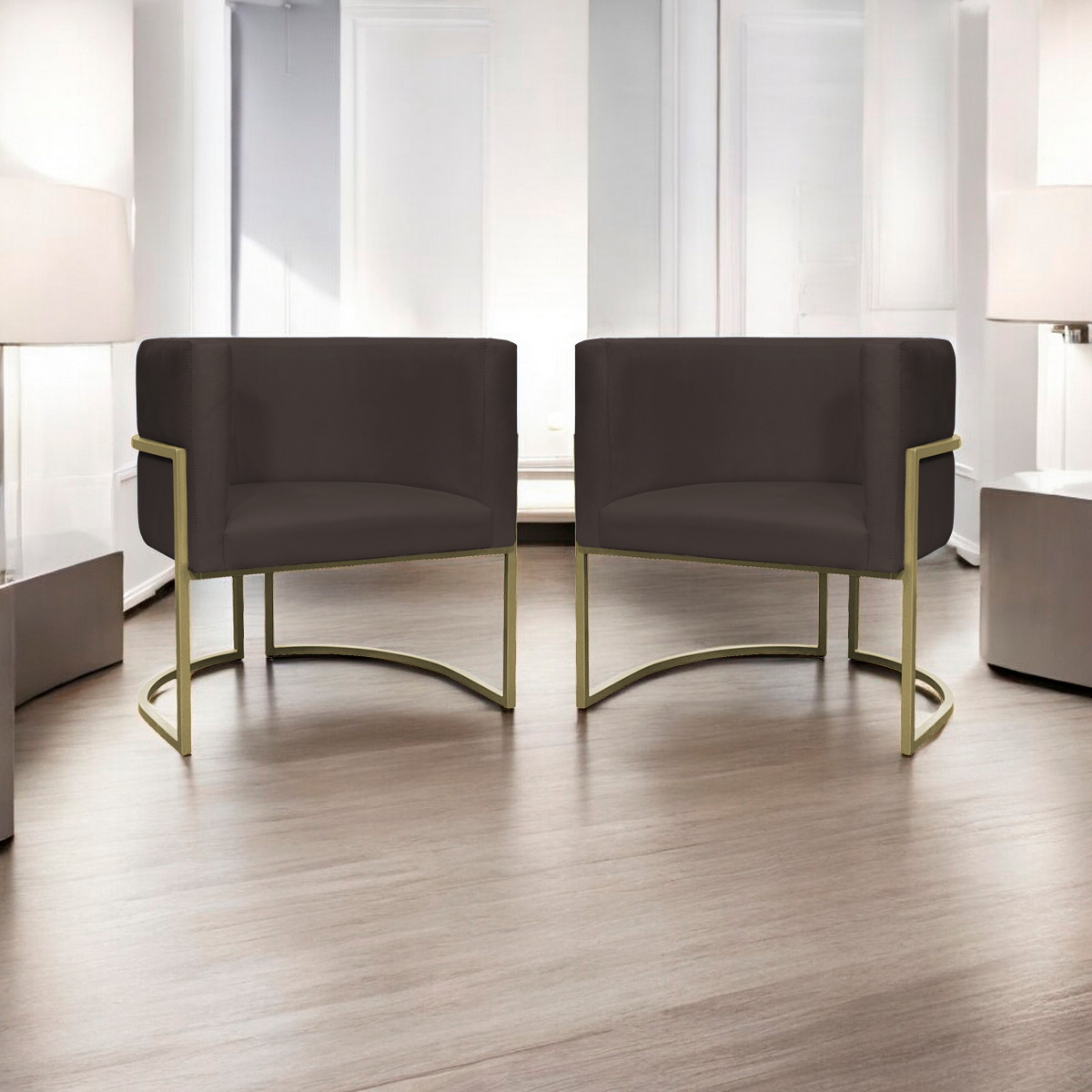 Kit 2 Poltronas Decorativas Luna Para Sala de Estar Escritório Recepção Suede Marrom Base de Ferro Champagne