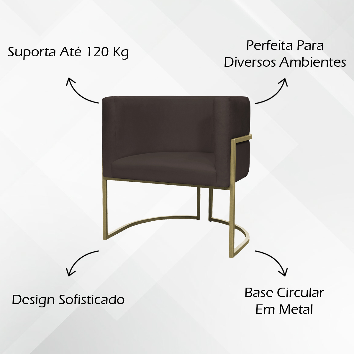 Kit 2 Poltronas Decorativas Luna Para Sala de Estar Escritório Recepção Suede Marrom Base de Ferro Champagne