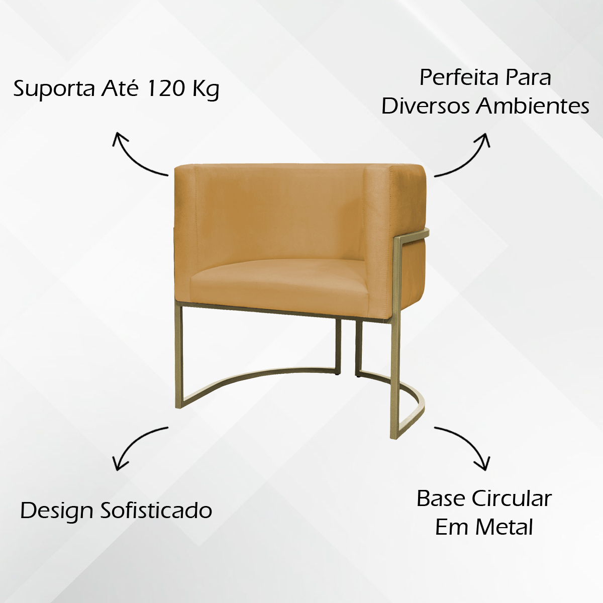 Kit 2 Poltronas Decorativas Luna Para Sala de Estar Escritório Recepção Suede Mostarda Base de Ferro Champagne