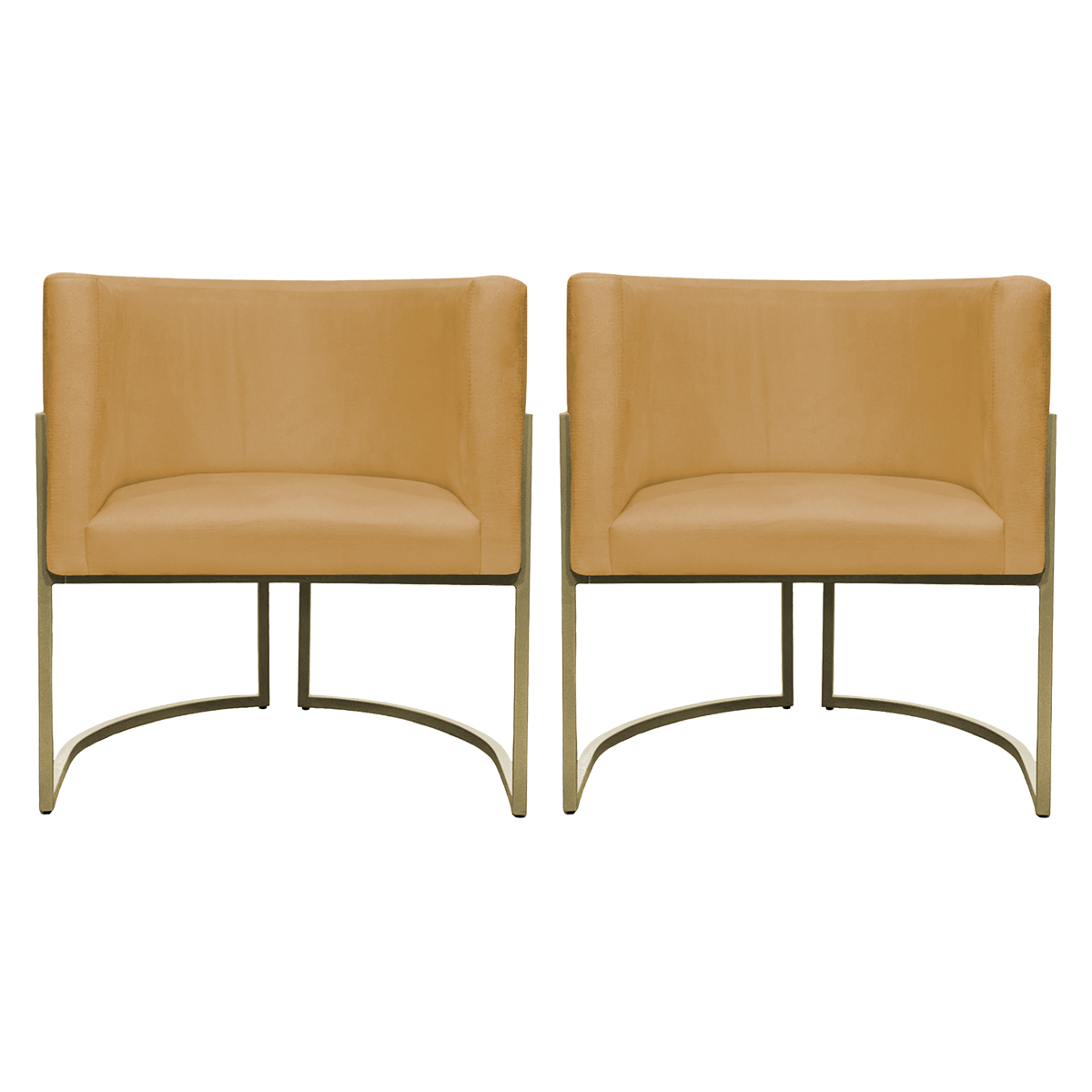 Kit 2 Poltronas Decorativas Luna Para Sala de Estar Escritório Recepção Suede Mostarda Base de Ferro Champagne